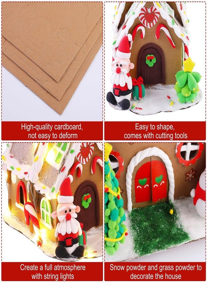 Fovths 4 Sets Clay Christmas Gingerbread House Kit with Lights Craft Cardboard Gingerbread House DIY Christmas Decorations Holiday Activity Arts and Crafts for Christmas Party Supplies Decoration - Image 3